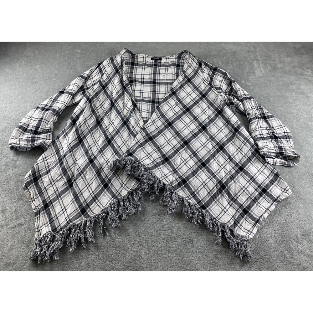 Torrid Black White Plaid Fringe Cardigan Duster Kimono Open Front Womens Size 1